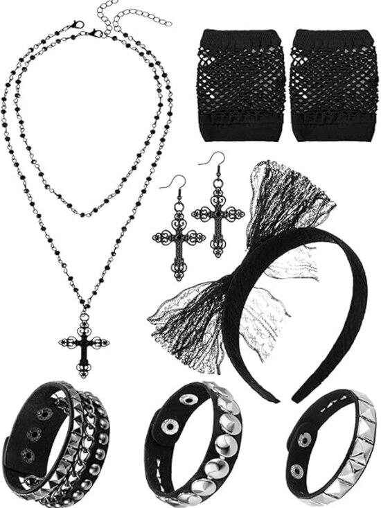 7 Pcs 80s Women Costume Accessories Halloween Leather Punk Bracelet Black Cross main image 3